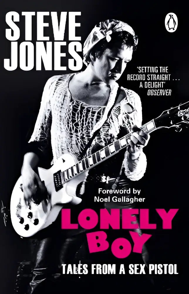 Black-and-white photograph of steve jones playing white electric guitar on cover of lonely boy by hutchinson heinemann physical