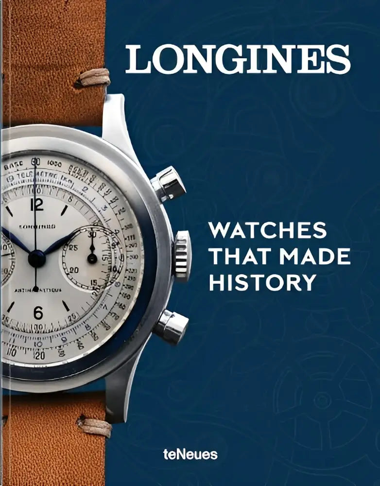 A silver-toned Longines chronograph watch with white dial and brown leather strap from watches that made history