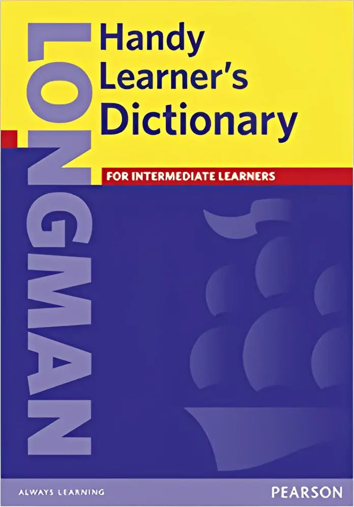 De cover van het longman handy learners dictionary voor gevorderde leerlingen met een gele en blauwe ontwerp en paarse letters