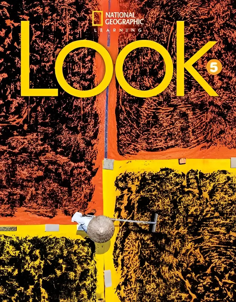 De cover van de national geographic learning look 5 british english studententekstboek toont een luchtfoto met gele en oranje panelen voor creatieve schrijfvaardigheid voor jonge leerlingen