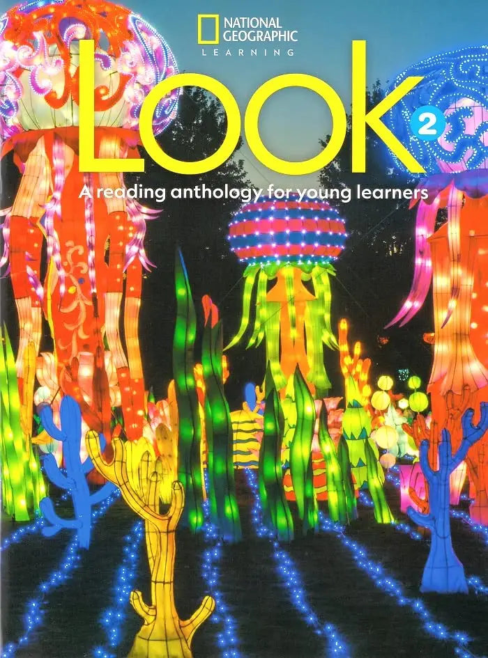 Vibrant illuminated jellyfish and coral lanterns in colorful underwater scene for look level 2 reading anthology cover