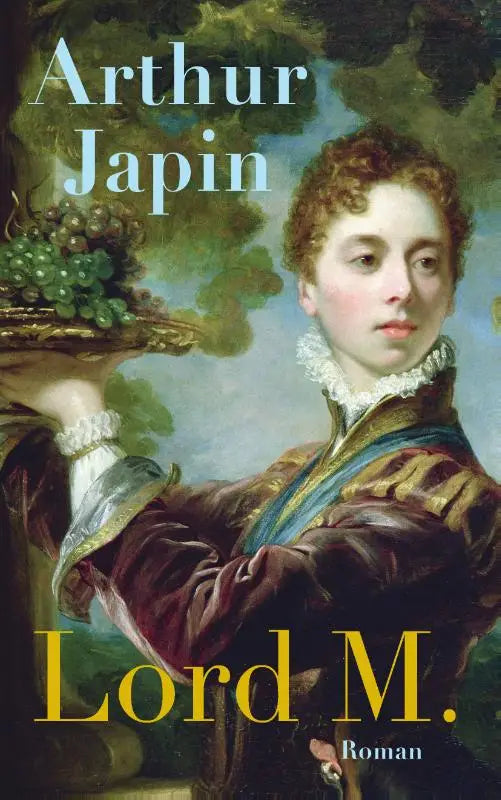 De boekcover van literaire roman lord m door arthur japin toont een jonge man in bordeaux fluweel met gouden accenten
