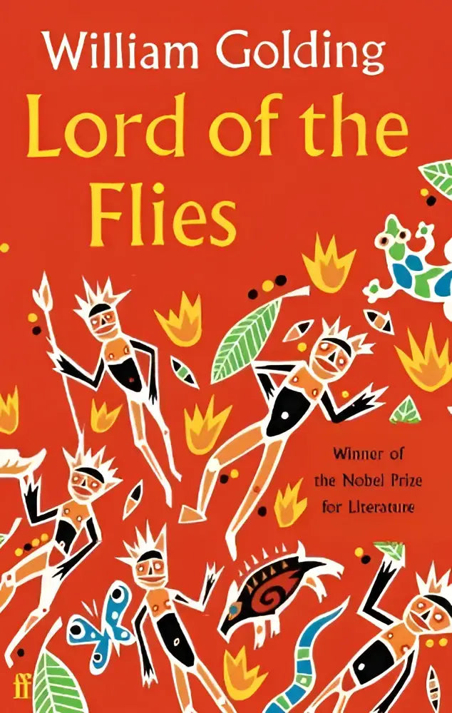 Vibrante rode boekomslag van Lord of the Flies met gestileerde figuren en vuurachtige haar tegen oranje achtergrond