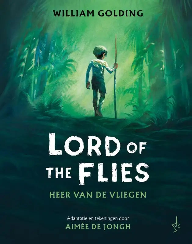 A child in blue tunic and shorts holding a spear stands silhouetted against green jungle foliage in lord of the flies