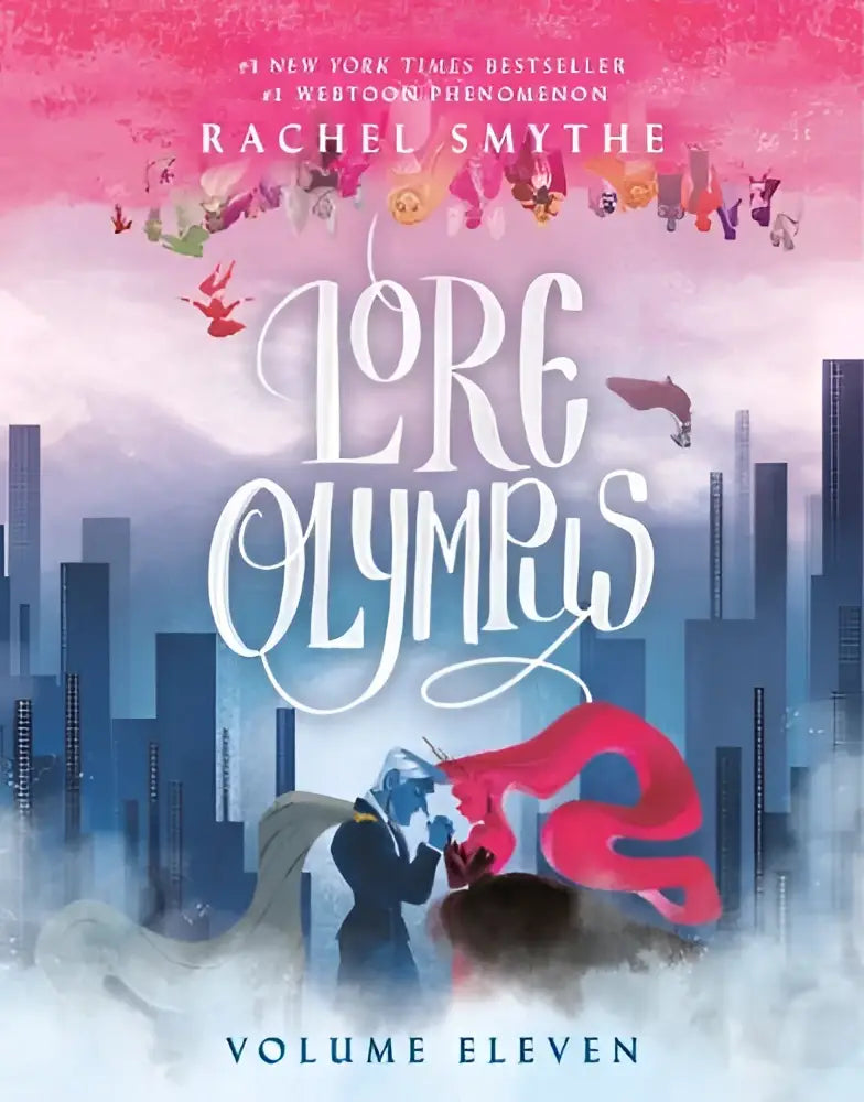 De cover van lore olympus volume elf uk edition toont een gestileerde stad met mythologische figuren in roze en blauw