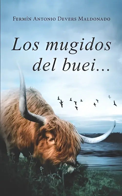 Een highland koe met lange kromme hoorns en dikke rossige vacht staat in een mistig veld los mugidos del buei