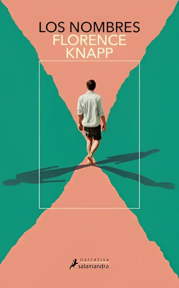 De boekcover van los nombres toont een man die wegloopt op een smal pad omgeven door geometrische vormen in koraal en teal