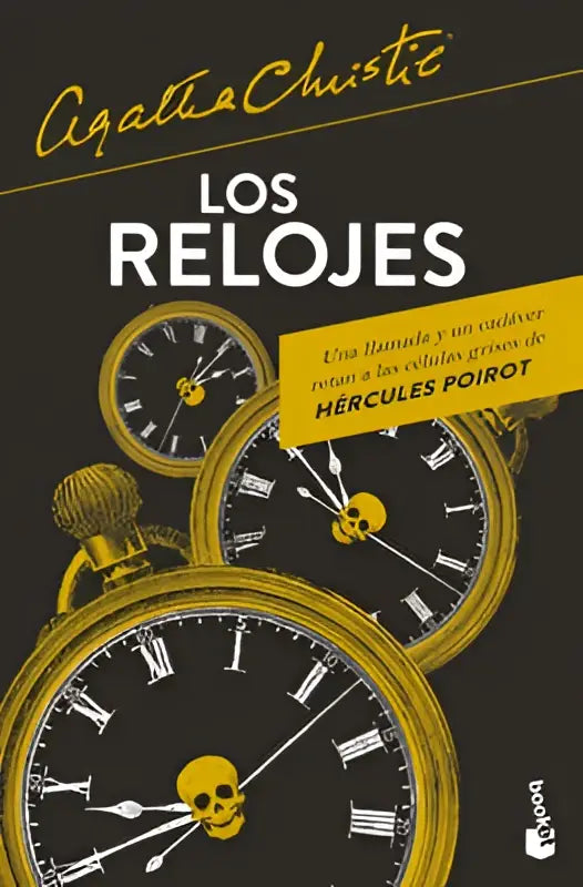 De cover van los relojes the clocks toont een zwarte en goudkleurige ontwerp met drie zakhorloges en een geel schedelmotief