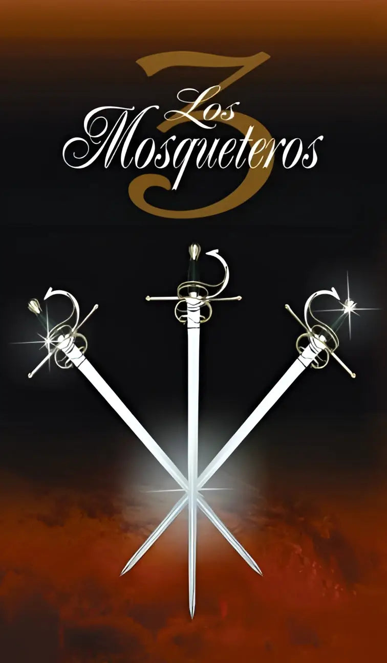 Drie zilveren rapiers met sierlijke hilts gekruist in v-vorm donker achtergrond los tres mosqueteros