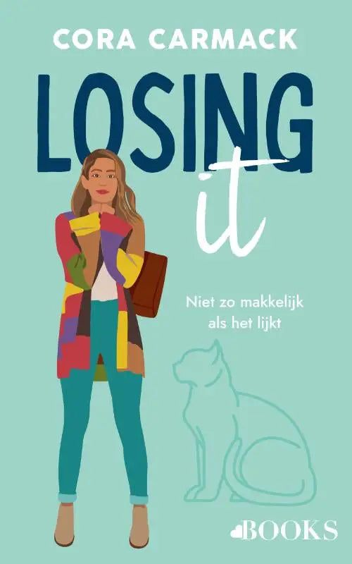 Colorful illustrated book cover of losing it by cora carmack featuring a woman in a patchwork coat and teal pants holding a handbag
