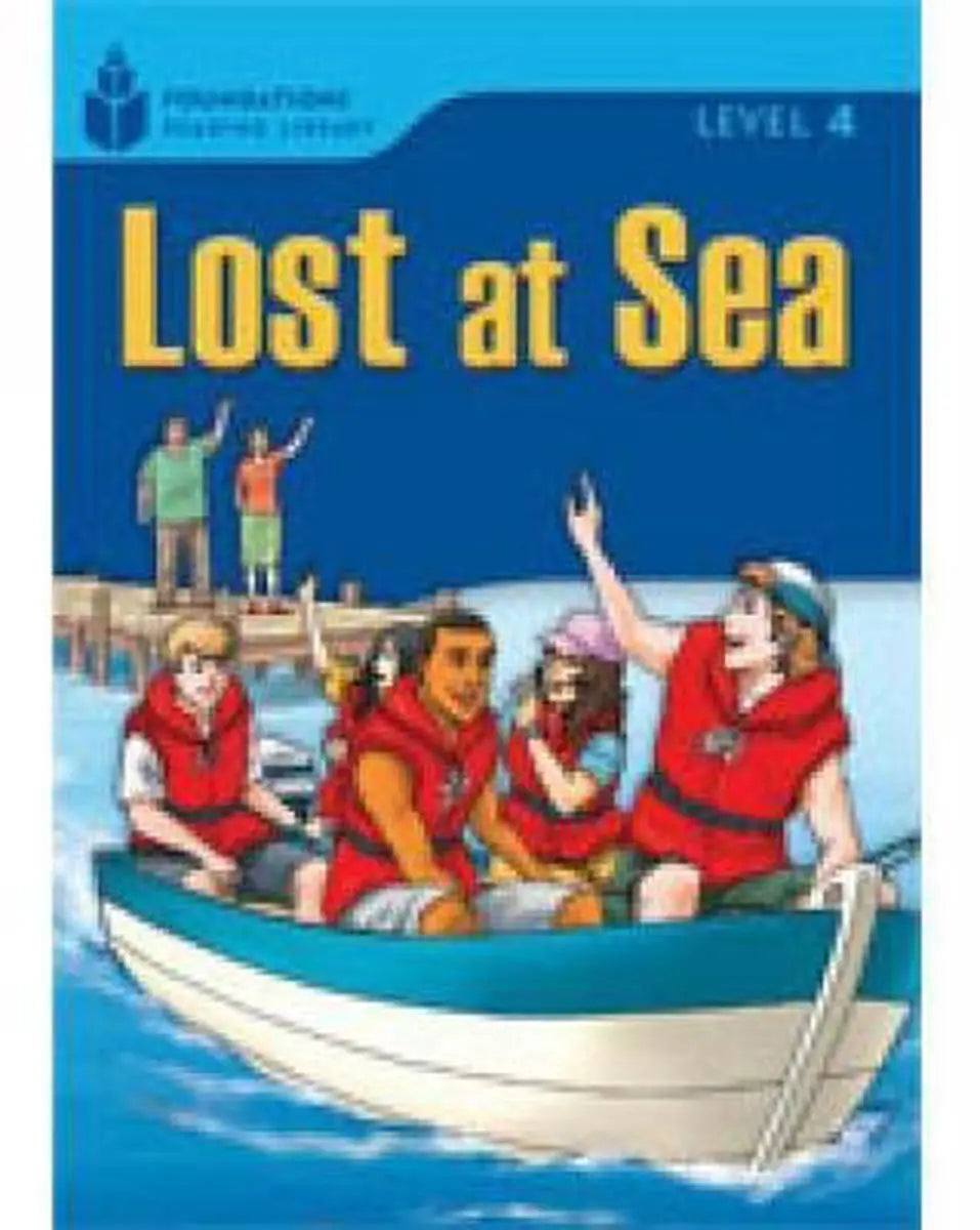Blauwe en witte roeiboot met rode zwemvesten gedragen door kinderen voor lost at sea foundations reading library 4
