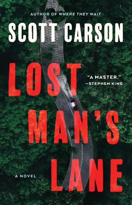 Rode tekst met titel lost man’s lane en auteur scott carson op groene bosachtergrond voor lost man’s lane product