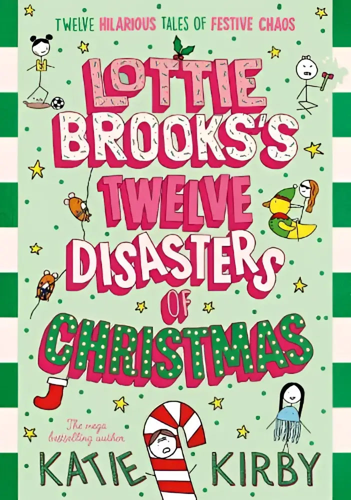 De boekcover van lottie brooks’s twelve disasters toont speelse roze en groene letters met een feestelijk kerstthema voor tienerfictie