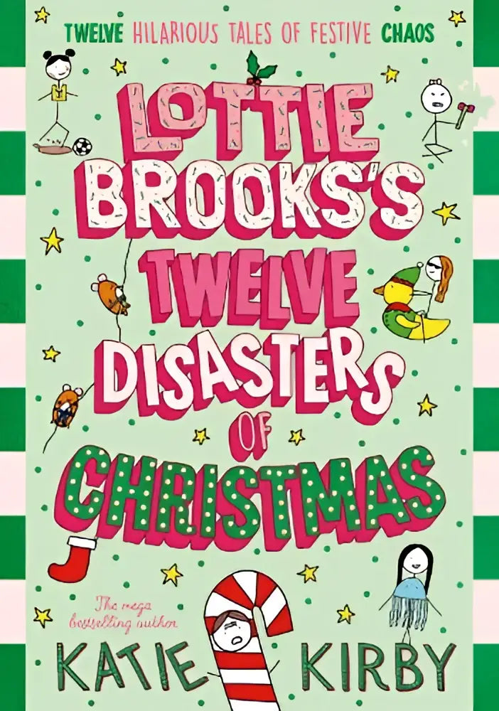 De boekomslag van lottie brooks’s twelve disasters toont speelse roze en groene letters met feestelijke cartoonfiguren op mintkleurige achtergrond