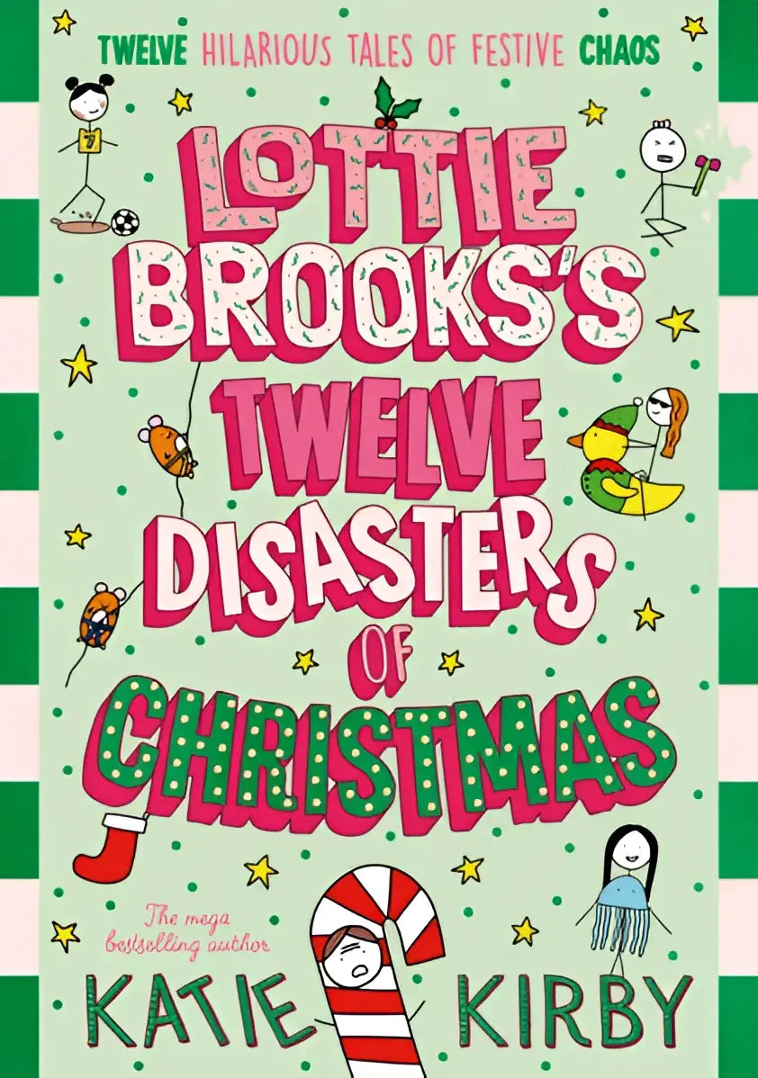 Feestelijk kinderboek lottie brooks twelve disasters of christmas met felle roze en groene tekst en cartoonfiguren