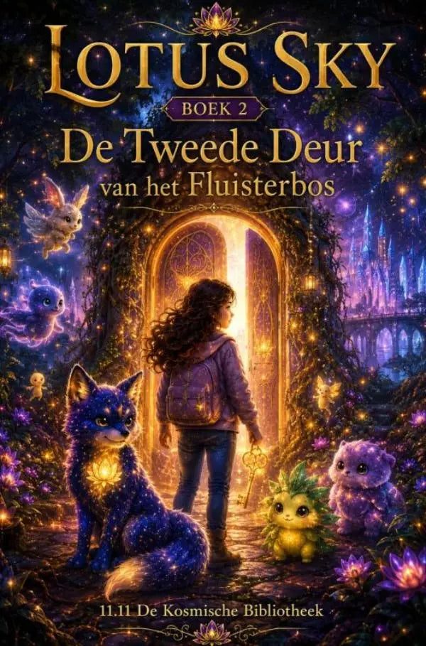 De cover van lotus sky boek 2 tweede deur toont een gouden boog in een magisch sterrenbos voor jonge lezers