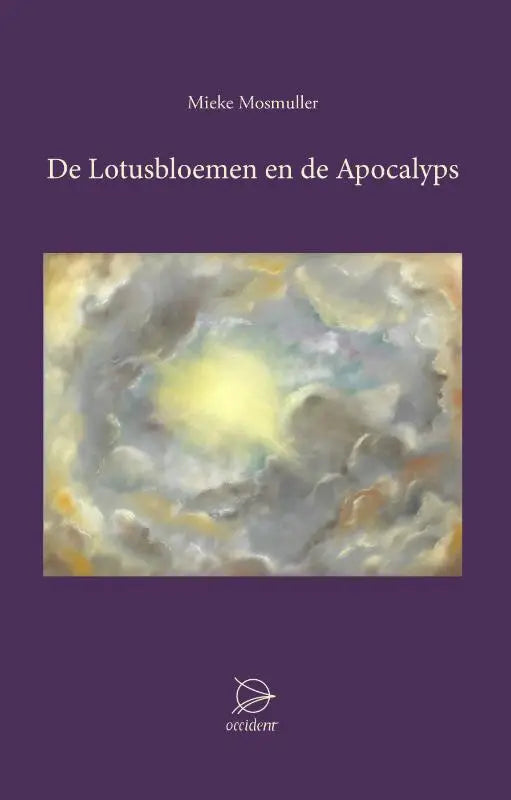 Paarse boekomslag met abstract schilderij van draaiende wolken in grijs geel en blauw bij lotusbloemen en apocalyps