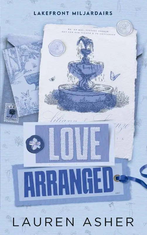 Blue ink illustration of a tiered fountain on aged paper with wax seals in the love arranged book by lauren asher