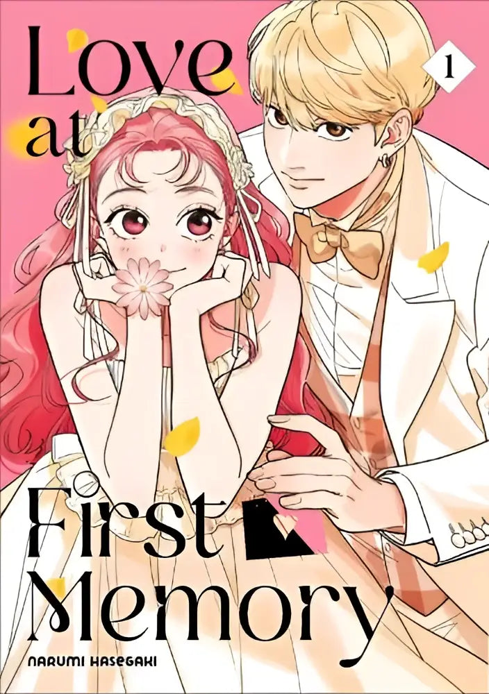 De cover van de manga love at first memory 1 toont een blonde man in een wit smoking en een roze jurk dragende vrouw