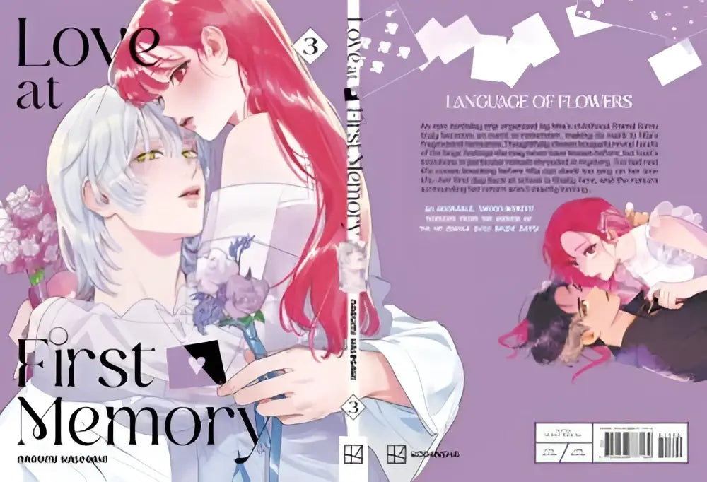 De cover van de manga love at first memory 3 toont twee animefiguren met rood en zilverwit haar tegen paarse achtergrond