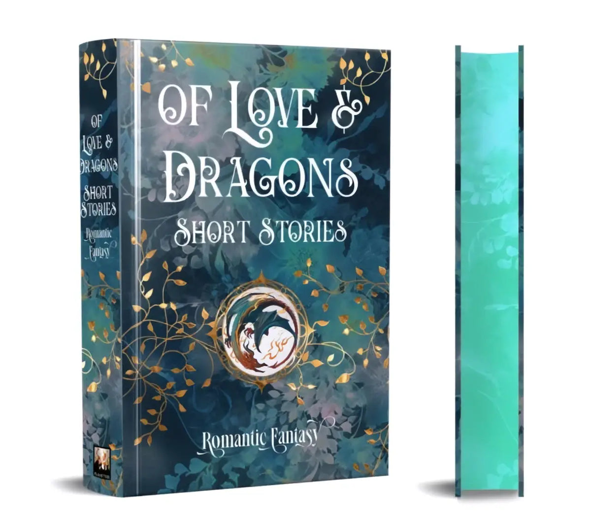A hardcover book titled of love & dragons with a dark teal and gold ornate cover featuring a dragon emblem labeled romantic fantasy