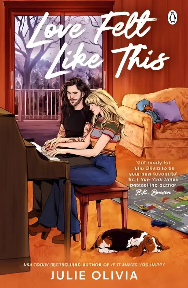 The book cover of love felt like this shows a man and woman at a piano in a warmly lit room with white cursive title