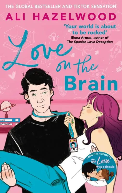 Pink boekcover van love on the brain door ali hazelwood met slow burn romance illustratie man en vrouw