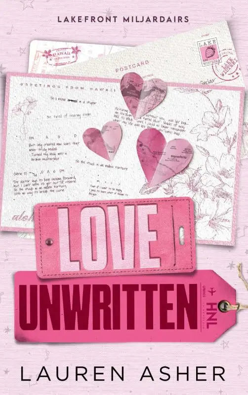 Roze kofferlabel love unwritten met witte hoofdletters love en kleinere roze tag unwritten voor lakefront miljardairs lauren asher