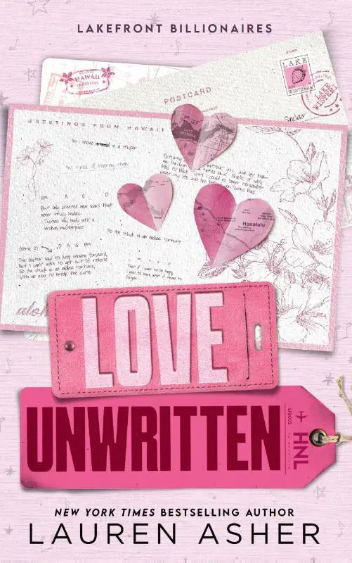 Roze love unwritten bagagelabel met witte love tekst en metalen oogje, perfect voor lakefront billionaires lauren asher fans