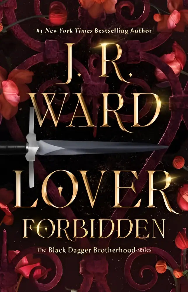 Donkerrood boek lover forbidden met een zilveren doorn dolk en een sierlijk bloem- en swirlpatroon