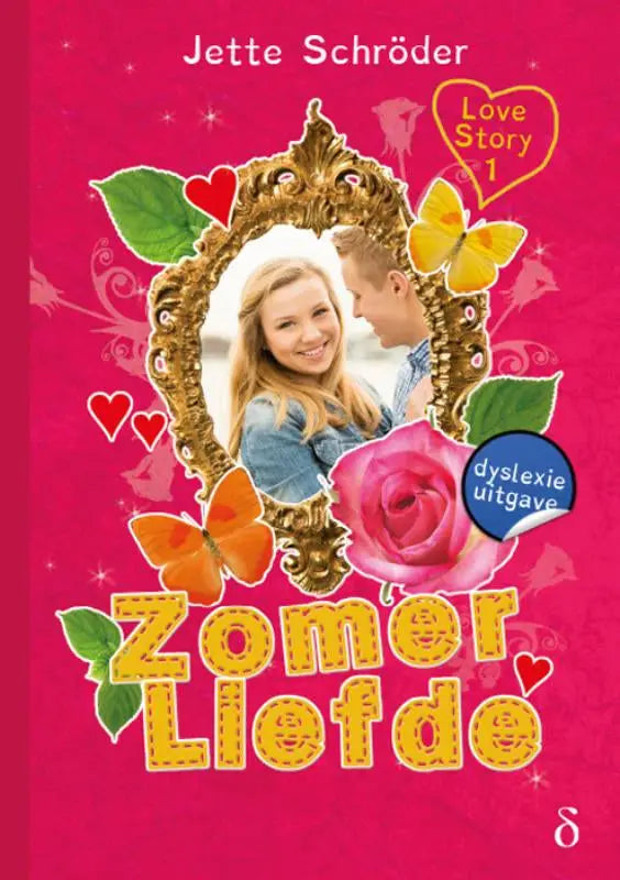 Pink boekomslag lovestory 1 zomerliefde met goudgerande foto van glimlachend koppel omringd door vlinders en rozen