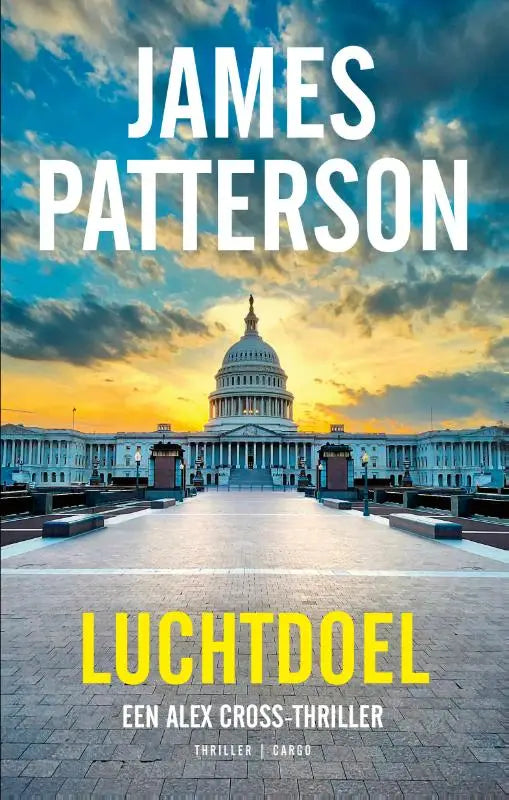 De luchtdoel boekcover toont het capitoolgebouw onder een dramatische lucht met opvallende tekst van james patterson