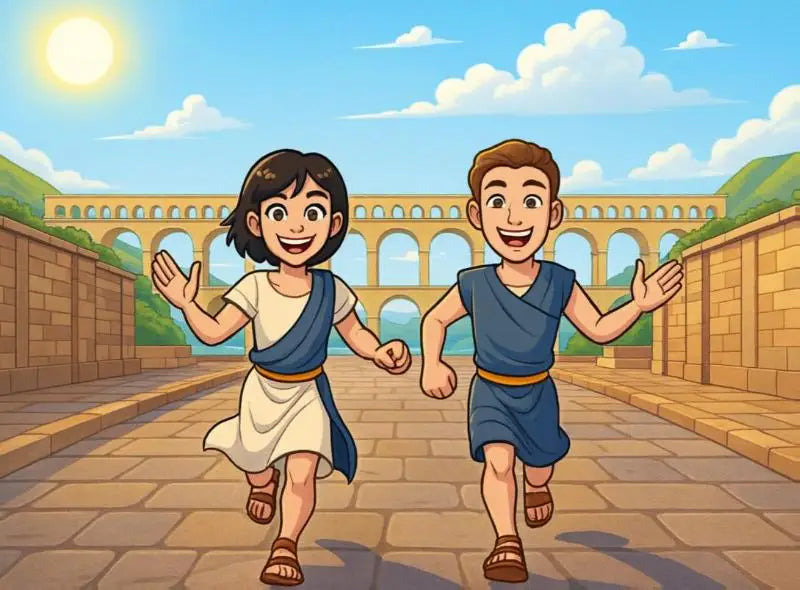 Cartoonillustratie van twee kinderen in oudromeinse kleding die rennen onder een aquaduct in lucia en lucius deel i