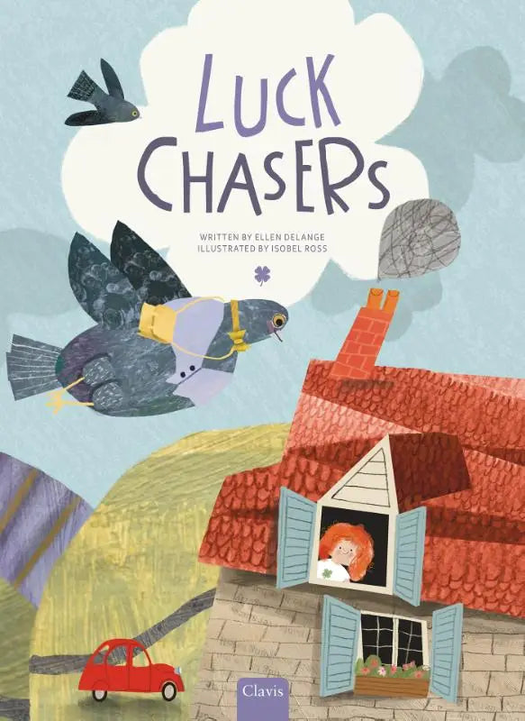 De cover van het kinderboek luck chasers toont een grijze duif met gele bril en rugzak vliegend boven een huis voor jonge lezers