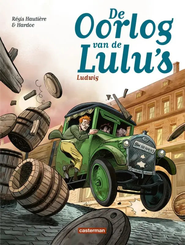 Groene vintage truck met houten barrel scherven vliegend rondom in ludwig product van régis hautière casterman strips