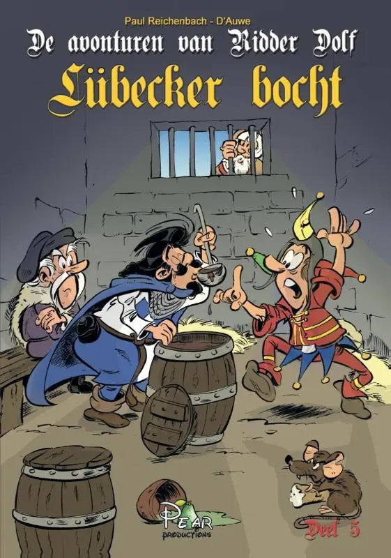 De avonturen van ridder dolf lübecker bocht comic cover met middeleeuwse karakters en houten vaten voor jonge lezers
