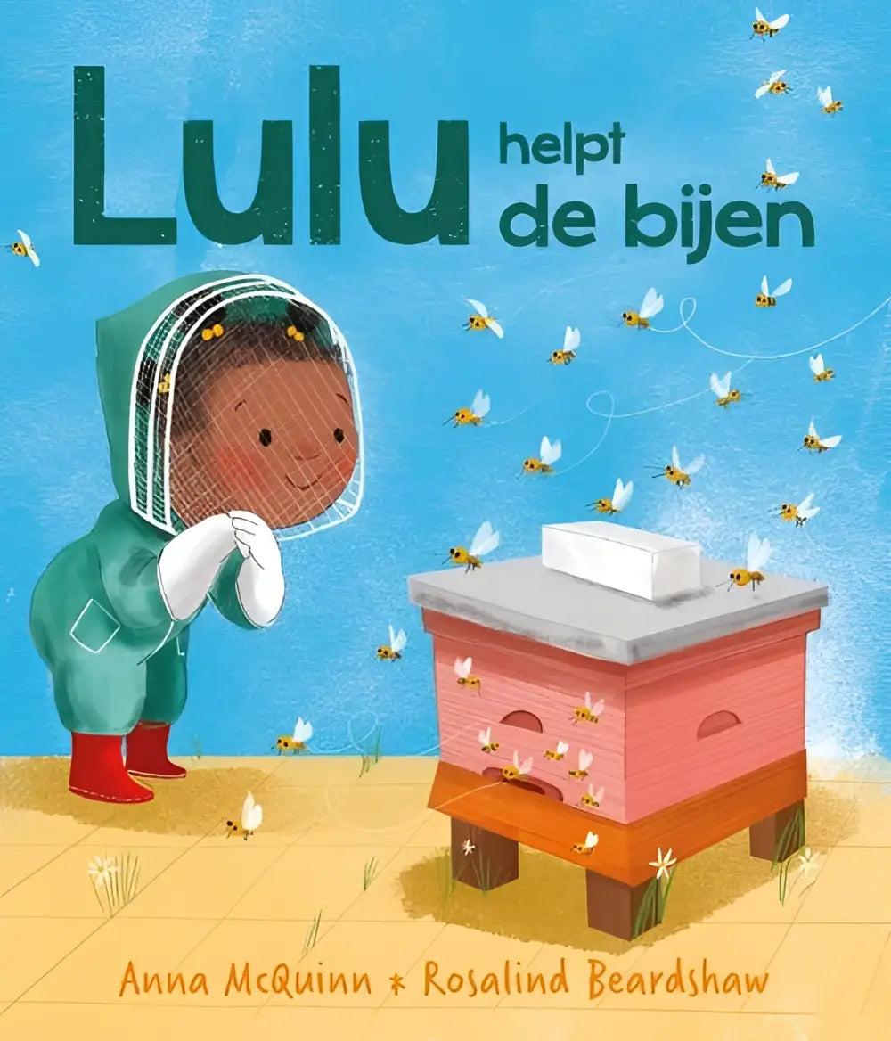 Een roze en oranje houten bijenkorf met grijs deksel en kleine bijeninritten voor lulu helpt van anna mcquinn nederlandstalig hardback