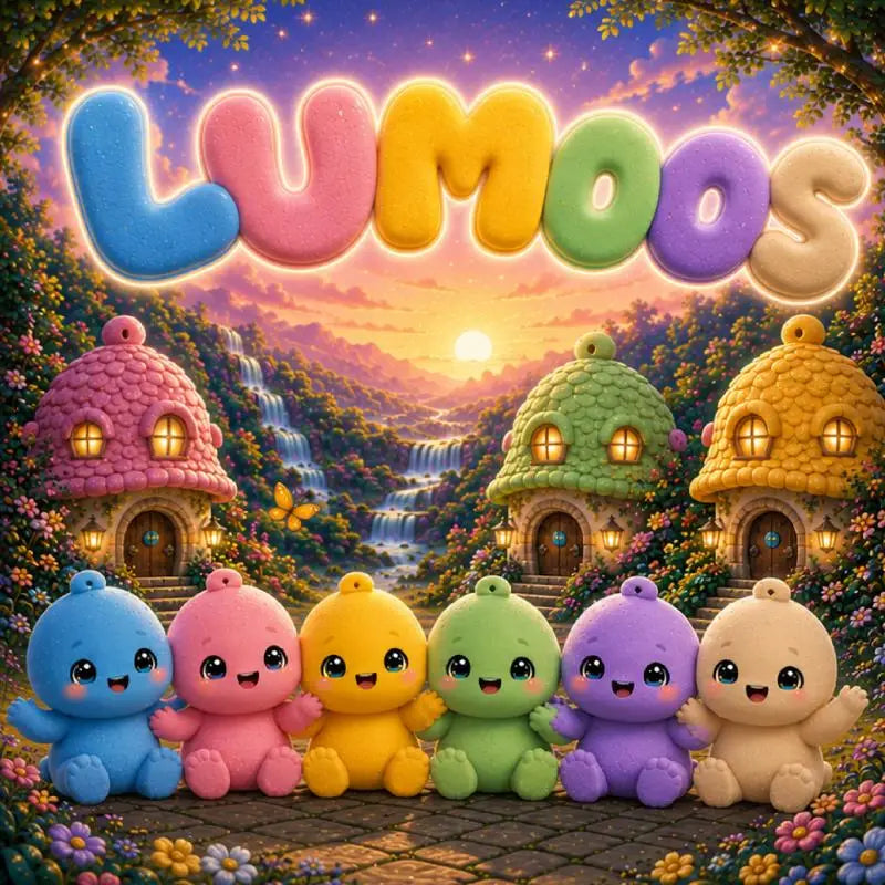 Kleurige, zachte lumoos knuffelfiguren voor jonge lezers onder levendige regenbooglettering van lumoos