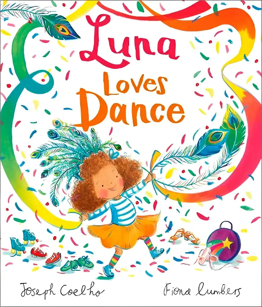 Cover van het kinderboek luna loves dance met een blij meisje met krullend haar en kleurrijke confetti voor jonge lezers