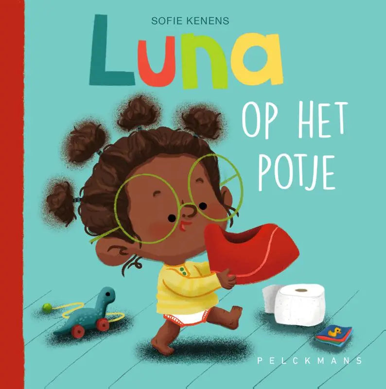 Lunap potje met een vrolijk cartoonkind met krullend bruin haar en een rode schoen voor jonge lezers