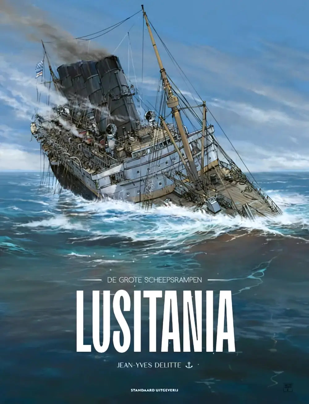 Gedetailleerde illustratie van lusitania in nood met zwarte rook en golven, geïnspireerd op grote scheepsrampen door jean-yves delitte