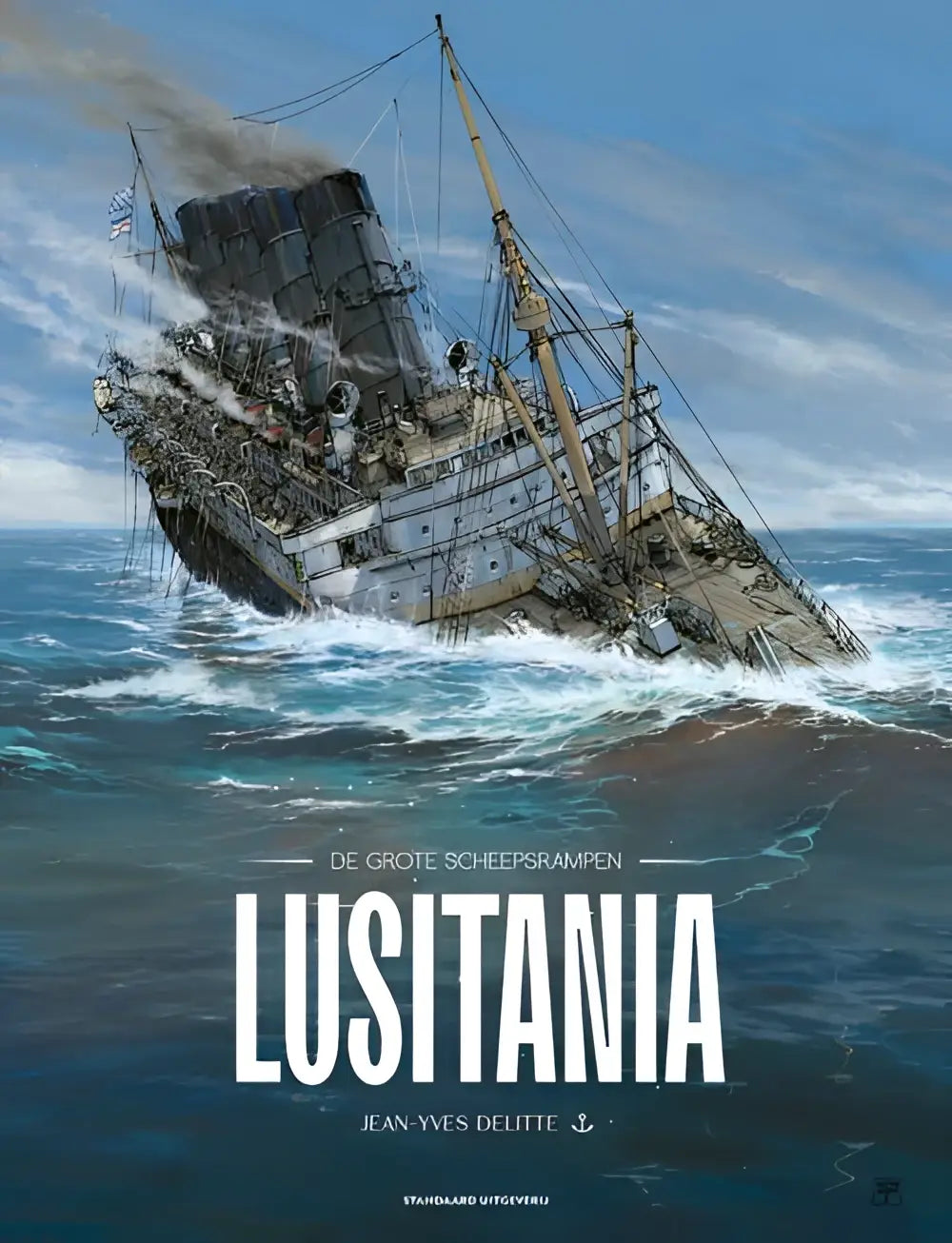 Een gedetailleerde illustratie van het schip lusitania in donkergrijs en zwart met houten masten voor grote scheepsrampen