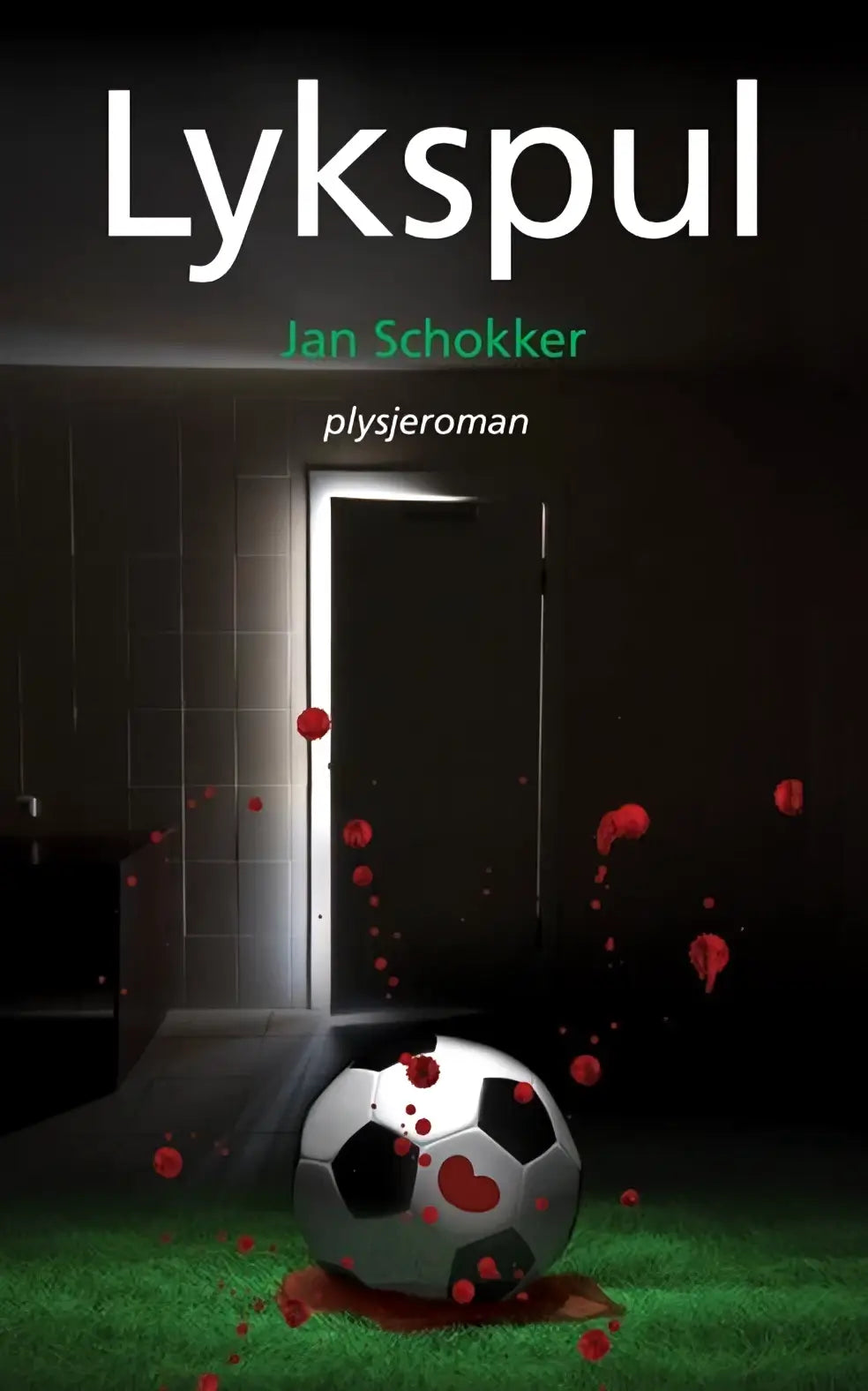 A black and white soccer ball with red heart stains on green grass under a doorway featuring jan schokker design