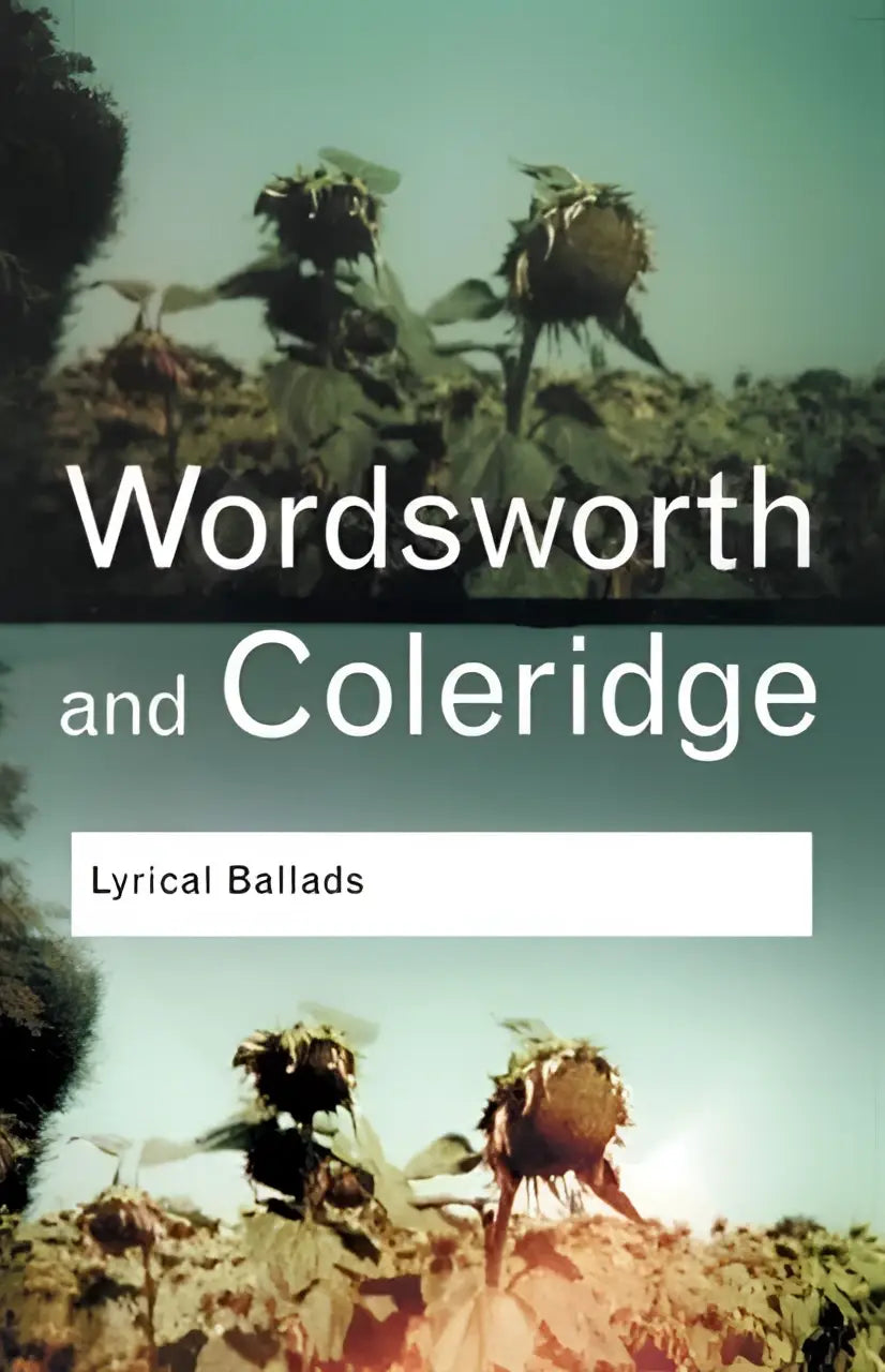 De boekcover van lyrical ballads toont de titel wordsworth en coleridge met zonnebloemen onder een teal lucht