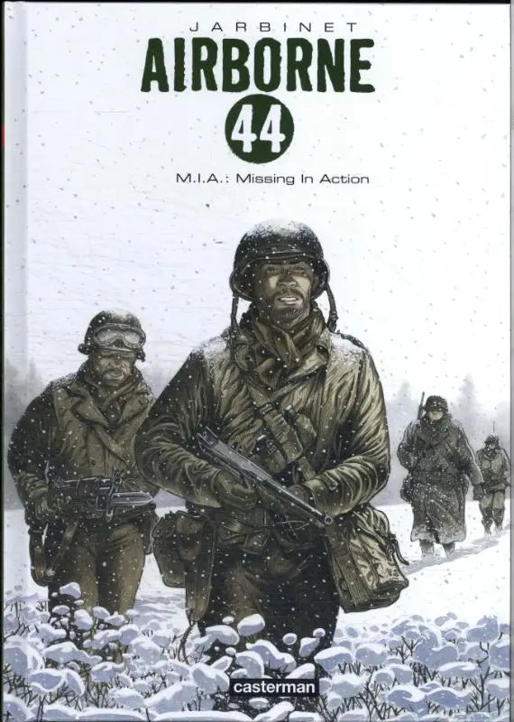 De cover van het stripboek jarbinet airborne 44 toont een soldaat in olijfgroene winterkleding in de sneeuw van philippe jarbinet realistische strips van casterman strips