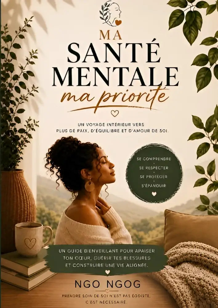 De boekcover van ma santé mentale, ma priorité toont een elegant ontwerp met groene bladeren en een voyage intérieur vers meer vrede