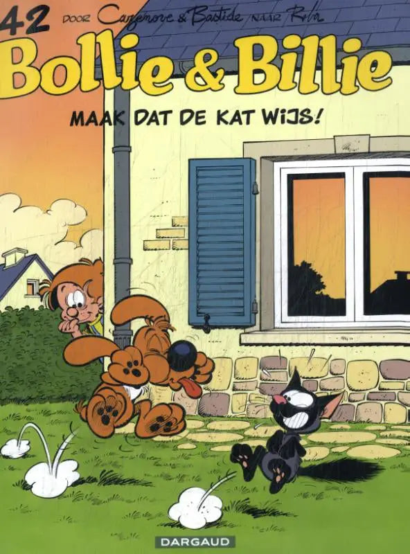 De cover van het bollie en billie stripboek nummer 42 met oranje en zwarte karakters voor een huis in maak dat de kat wijs door christophe cazenove