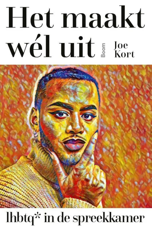 Het boek Het maakt wél uit toont een kleurrijk portret van Joe Kort met een oranje en gele achtergrond over lhbtq in de spreekkamer