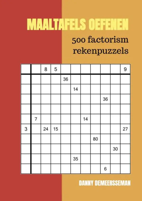 Vibrant rode en oranje boekcover maaltafels oefenen met factorism rekenpuzzels en witte cijfers op het deksel