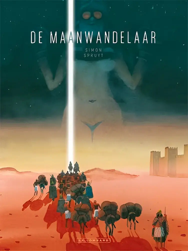 De maanwandelaar graphic novel cover door simon spruit toont surrealistische woestijn met silhouetten en oude ruïnes